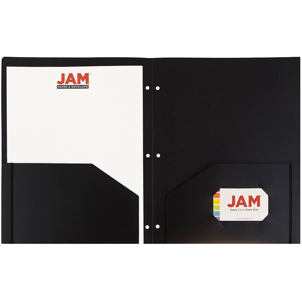 JAM Paper Heavy Duty Plastic 3 Hole Punch School Folders with Pockets, Black, 6 per Pack