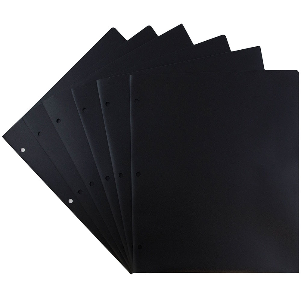 JAM Paper Heavy Duty Plastic 3 Hole Punch School Folders with Pockets, Black, 6 per Pack