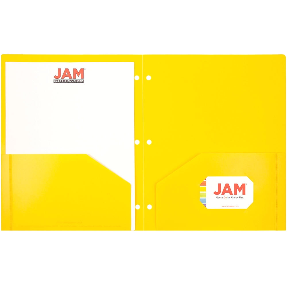 JAM Paper Heavy Duty Plastic 3 Hole School Folders with Pockets, Yellow, 6 per Pack