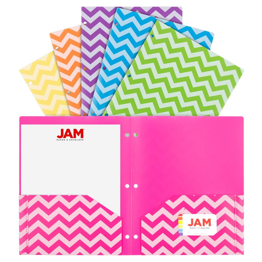 JAM Paper 3 Hole Punch Chevron Pop Folders, Assorted Fashion, 9.5 x 11.5, 6/Pack