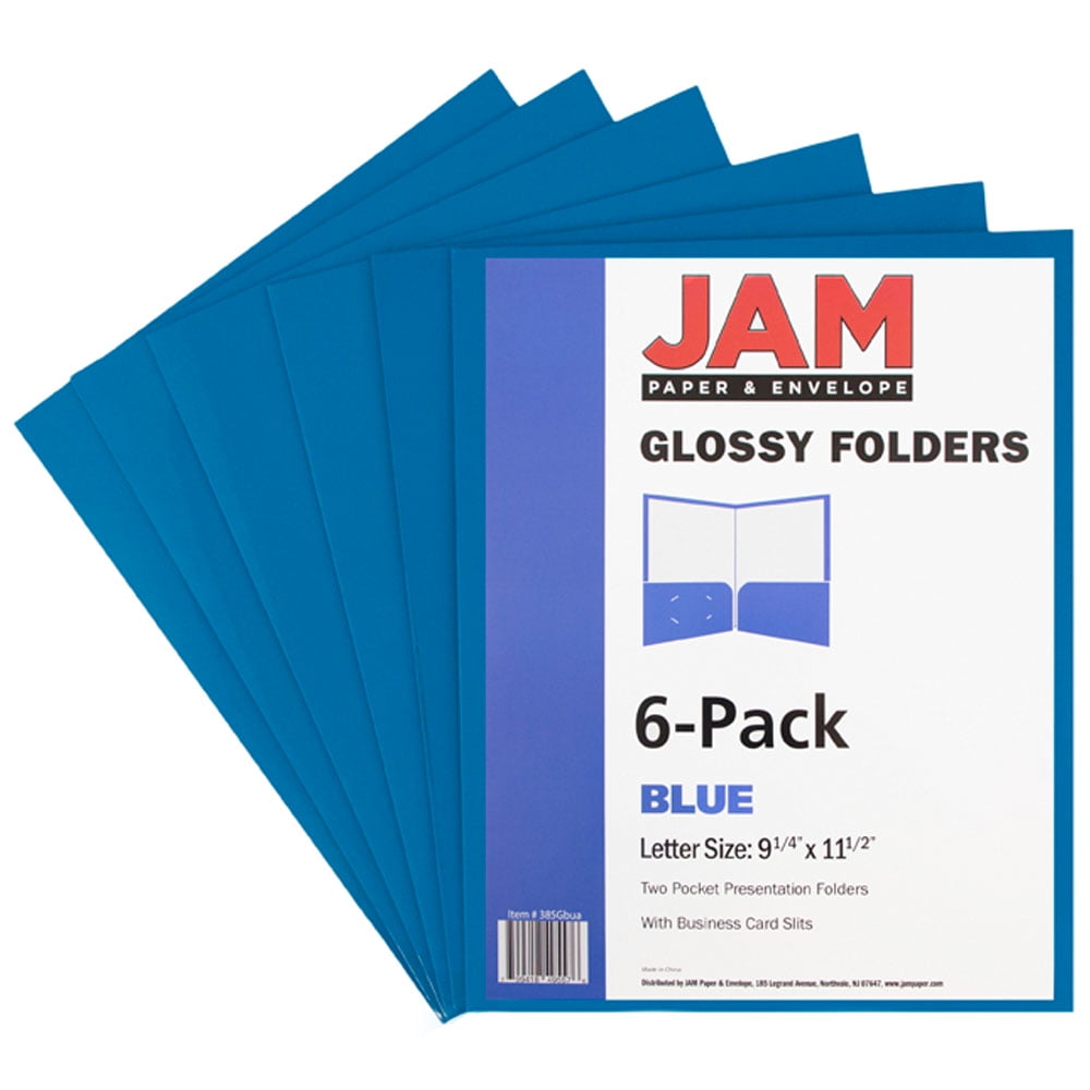 JAM Paper Glossy Two Pocket Folders, Blue, 6/Pack