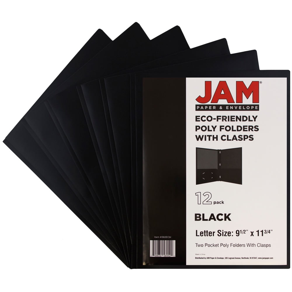 JAM Paper Medium Weight Plastic Presentation Folder with Clasps, Black, 6/pack