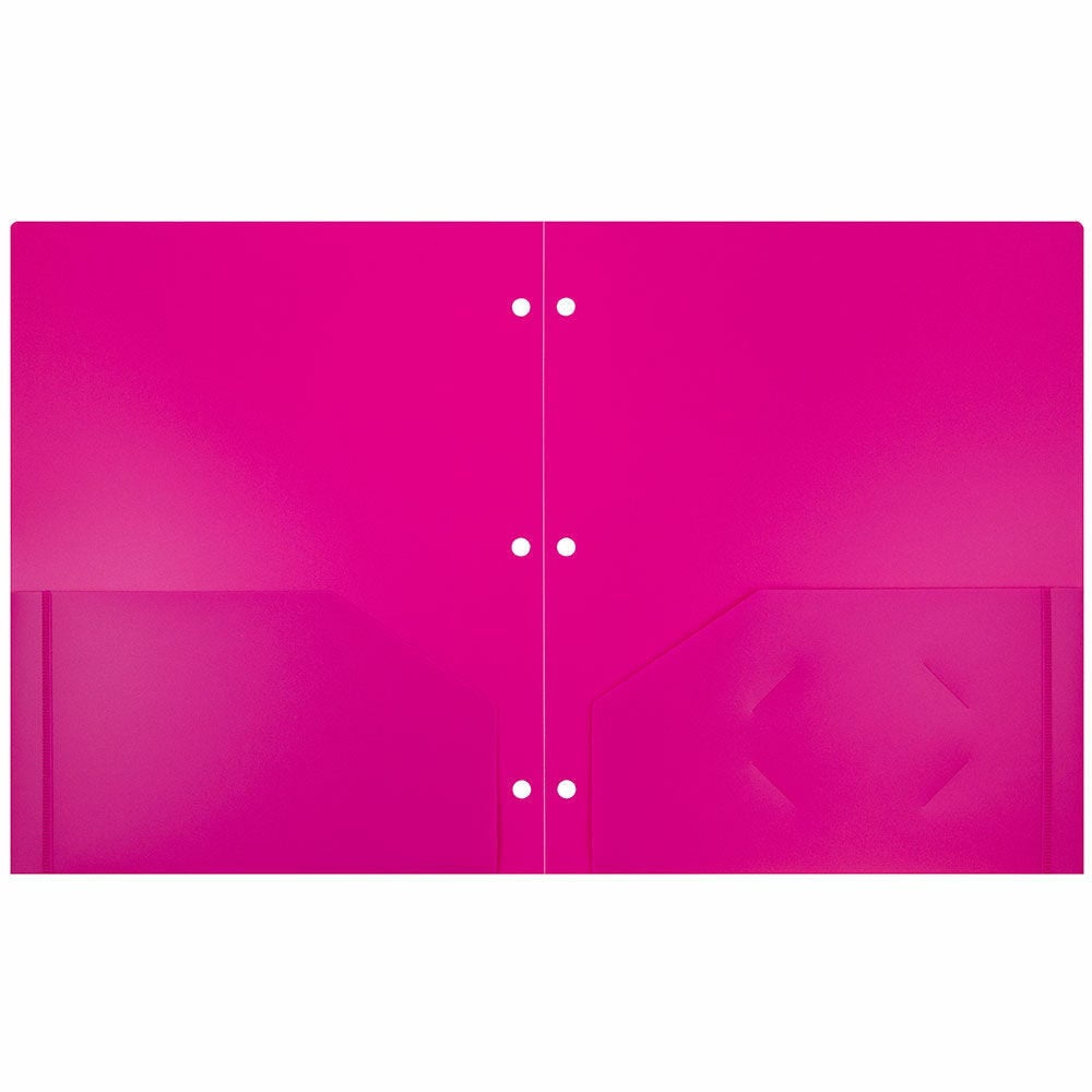 JAM Paper Heavy Duty Plastic 3 Hole Punch Pocket Folders, Extra Tough, Fuchsia Hot Pink, Bulk 48/Pack