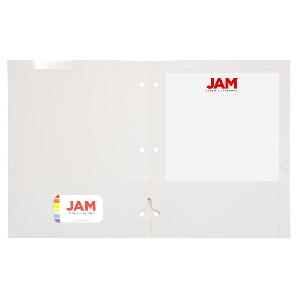JAM Paper Laminated Two Pocket Glossy 3 Hole Punch School Folders, White, 3/Pack