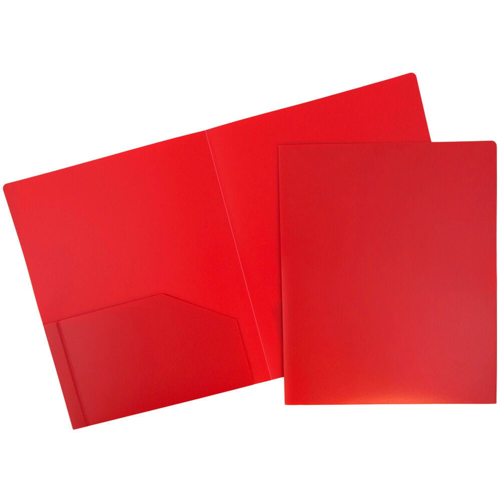 JAM Paper Heavy Duty Plastic 2 Pocket Extra Tough School Folders, Red, Bulk 48/Pack