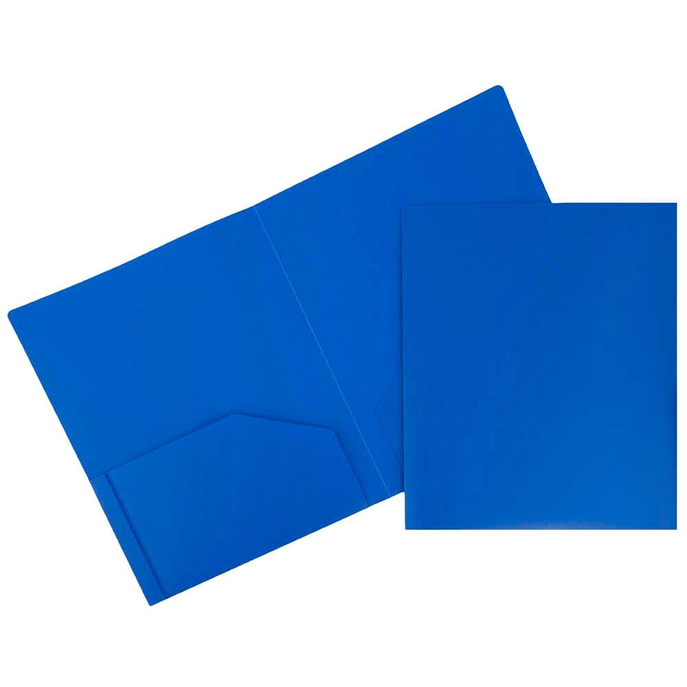JAM Paper Heavy Duty Plastic 2 Pocket School Folders, Blue, 3/Pack