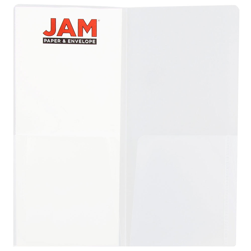 JAM Paper Heavy Duty Plastic Two Pocket Presentation Folders, Clear, 12 pack