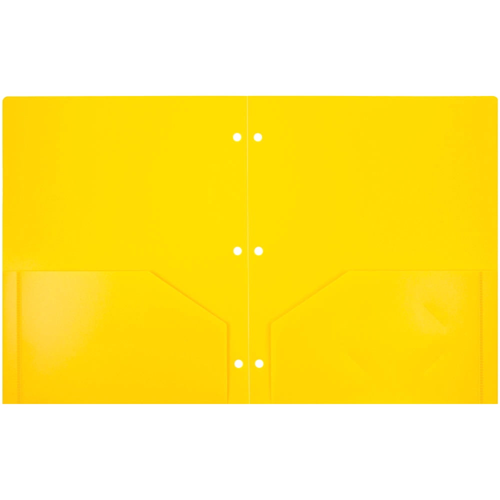 JAM Paper Heavy Duty Plastic 3 Hole School Folders with Pockets, Yellow, 6 per Pack