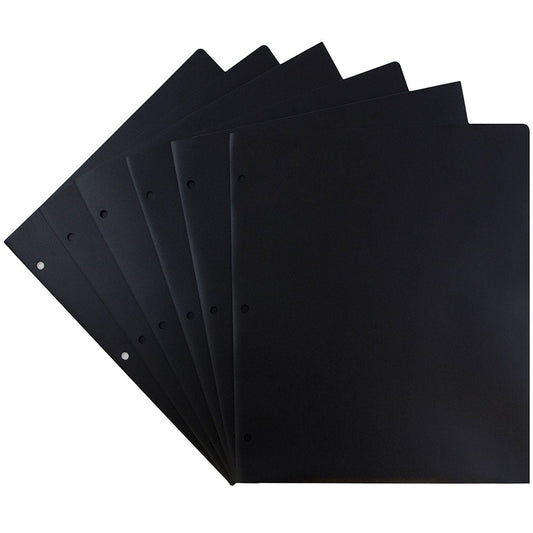 JAM Paper Heavy Duty Plastic 3 Hole Punch School Folders with Pockets, Black, 6 per Pack