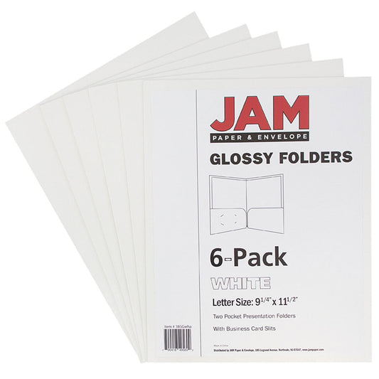 JAM Paper Glossy Two Pocket Folders, White, 6 per Pack