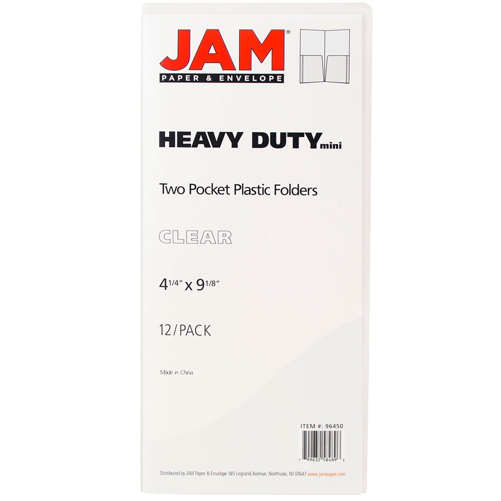 JAM Paper Heavy Duty Plastic Two Pocket Presentation Folders, Clear, 12 pack