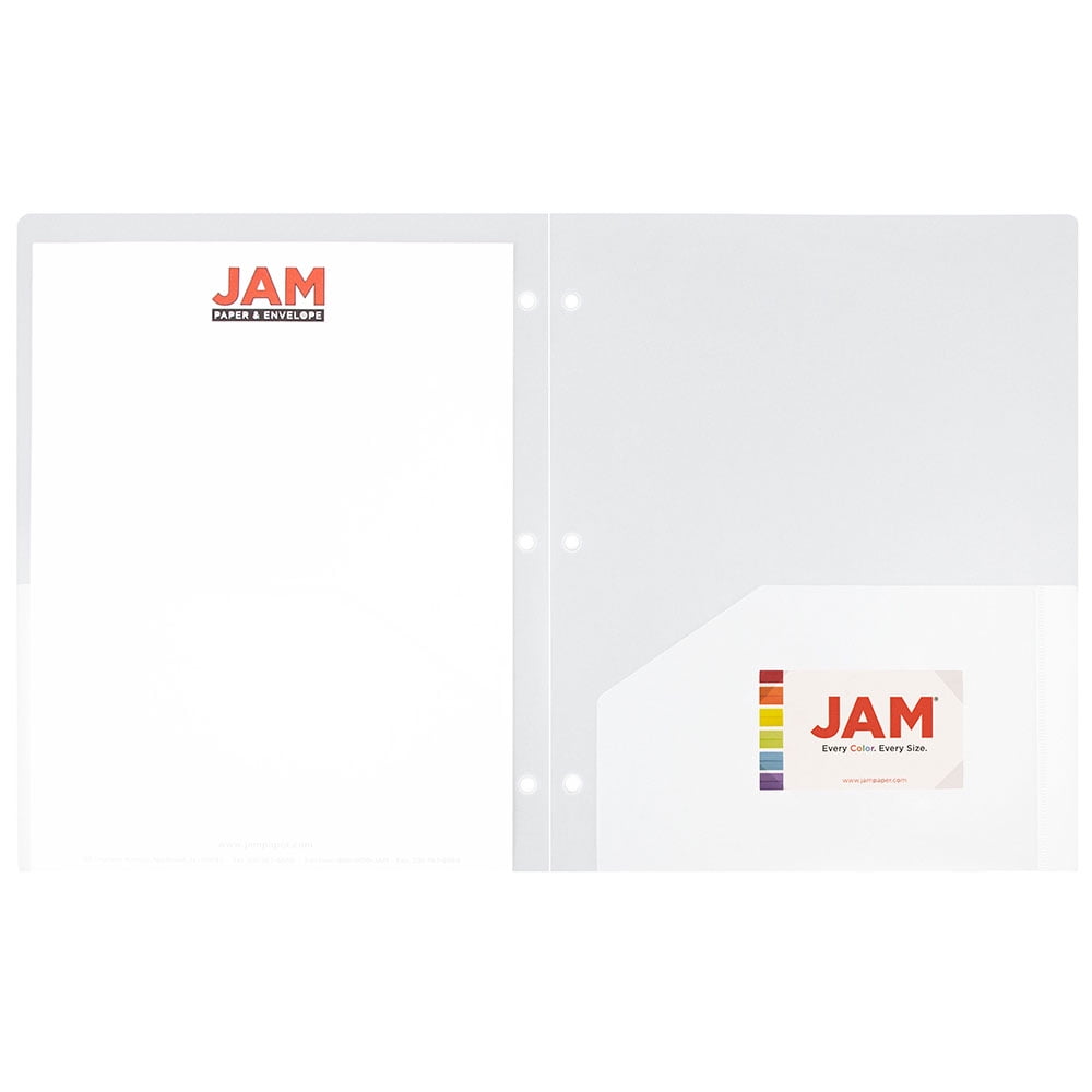 JAM Paper® Plastic Two Pocket 3 Hole Punched Presentation School Folder, Clear, 108/pack