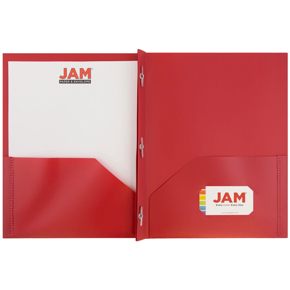 JAM Paper Plastic 2 Pocket POP Folders with Prongs Fastener Clasps, Red, Bulk 48/Pack