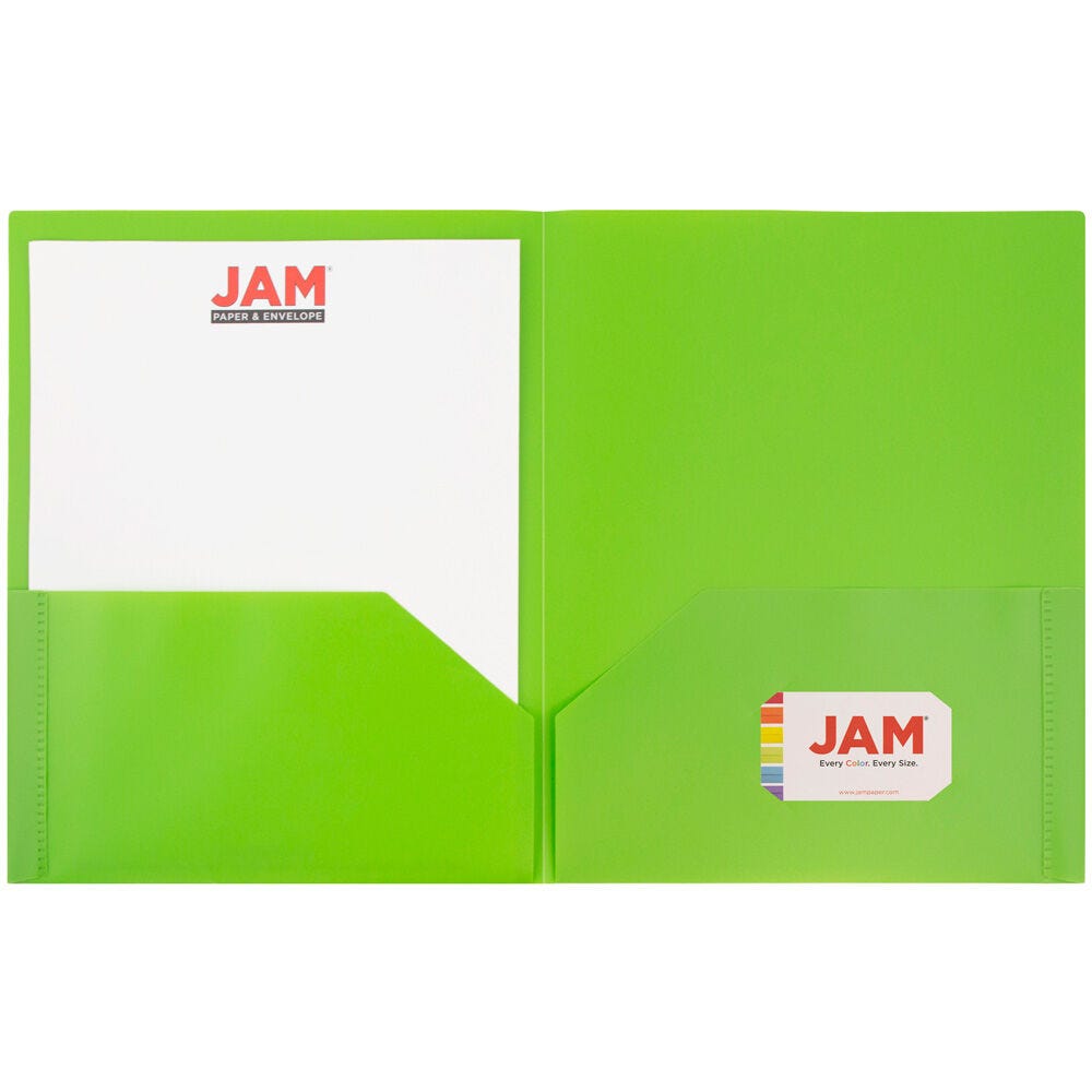 JAM Paper Plastic 2 Pocket POP Folders, School Folders, Lime Green, Bulk 144/Box