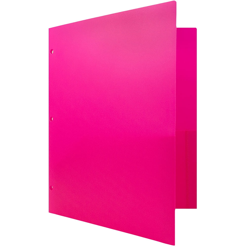 JAM Paper Heavy Duty Plastic 3 Hole Punch School Folders with Pockets, Fuchsia Hot Pink, 6/Pack