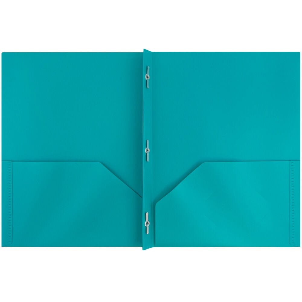 JAM Paper Plastic 2 Pocket School POP Folders with Metal Prongs Fastener Clasps, Teal Blue, 3/Pack