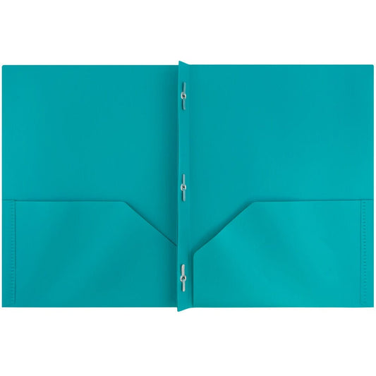 JAM Paper Plastic 2 Pocket School POP Folders with Metal Prongs Fastener Clasps, Teal Blue, 3/Pack