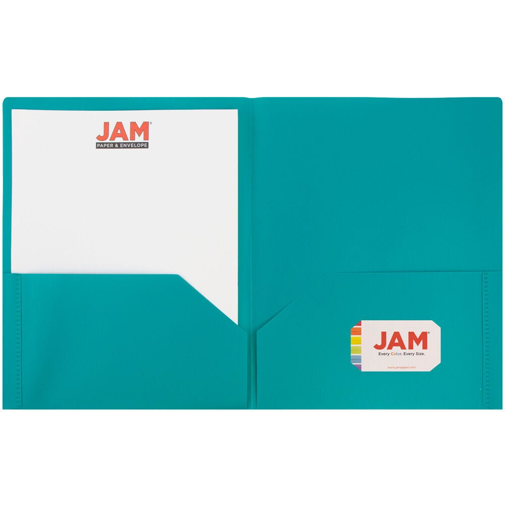 JAM Paper Plastic 2 Pocket POP Folders, School Folders, Teal Blue, Bulk 48/Pack