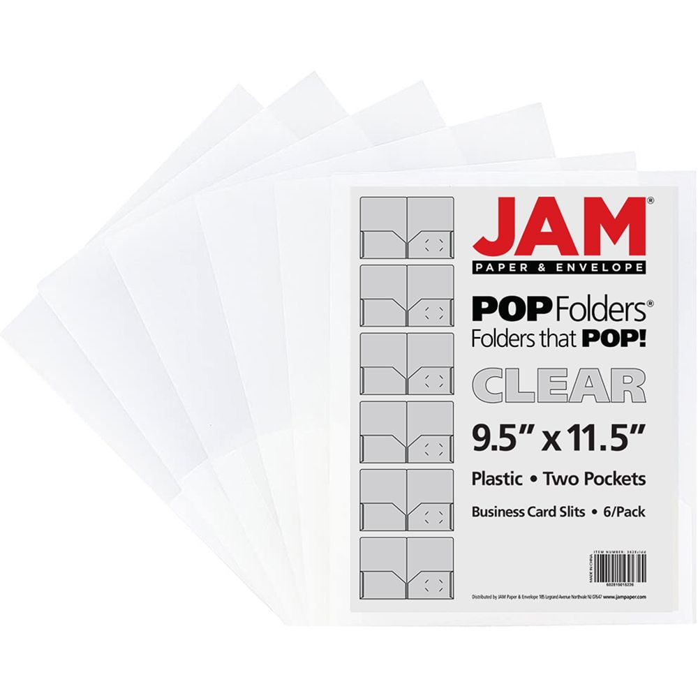 JAM Paper Plastic 2 Pocket School POP Folders, Clear, Bulk 96/Pack