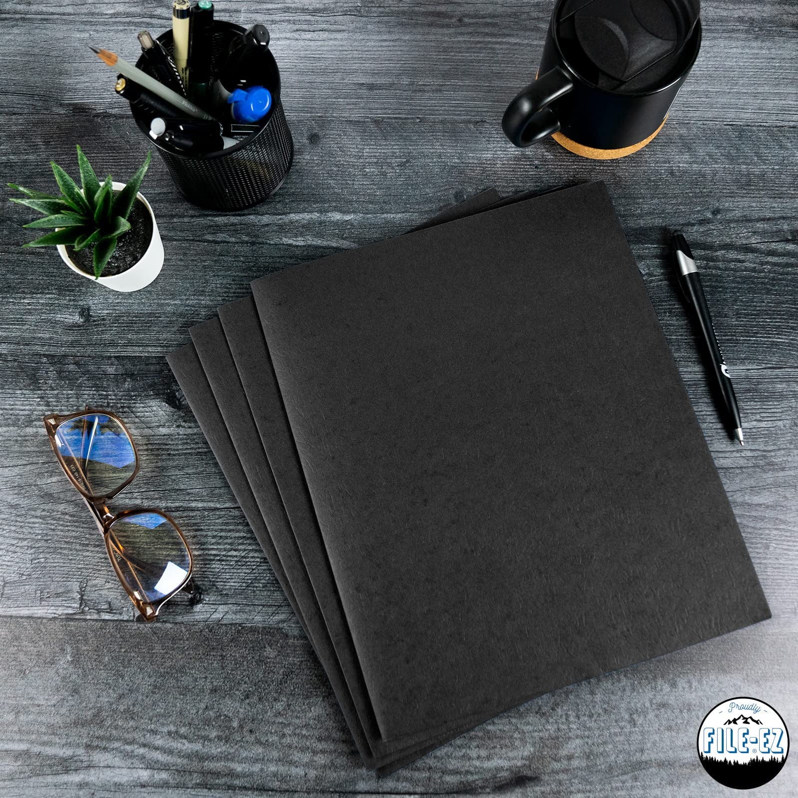 FILE-EZ Two-Pocket Folders, Black, 25-Pack, Textured Paper, Letter Size (EZ-52505), Made in USA