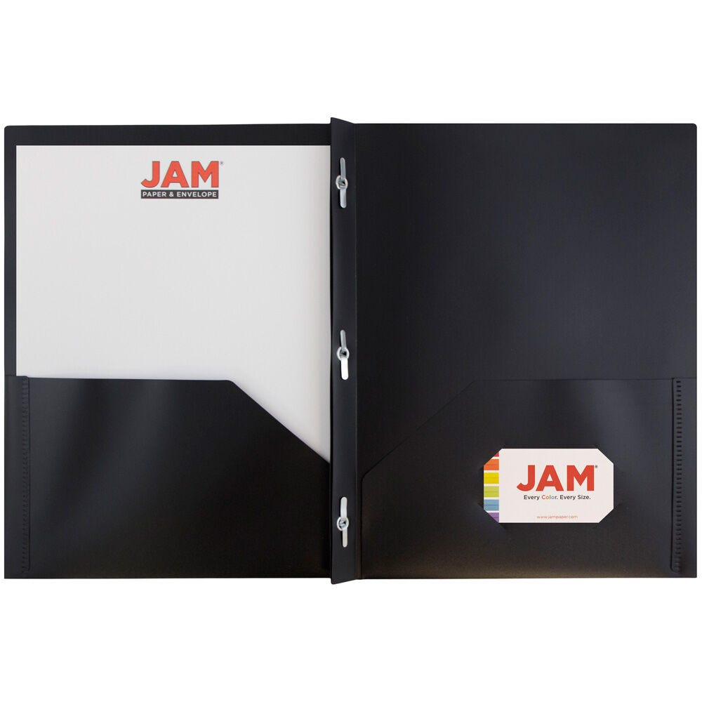 JAM Paper Plastic 2 Pocket POP Folders with Prongs Fastener Clasps, Black, Bulk 48/Pack