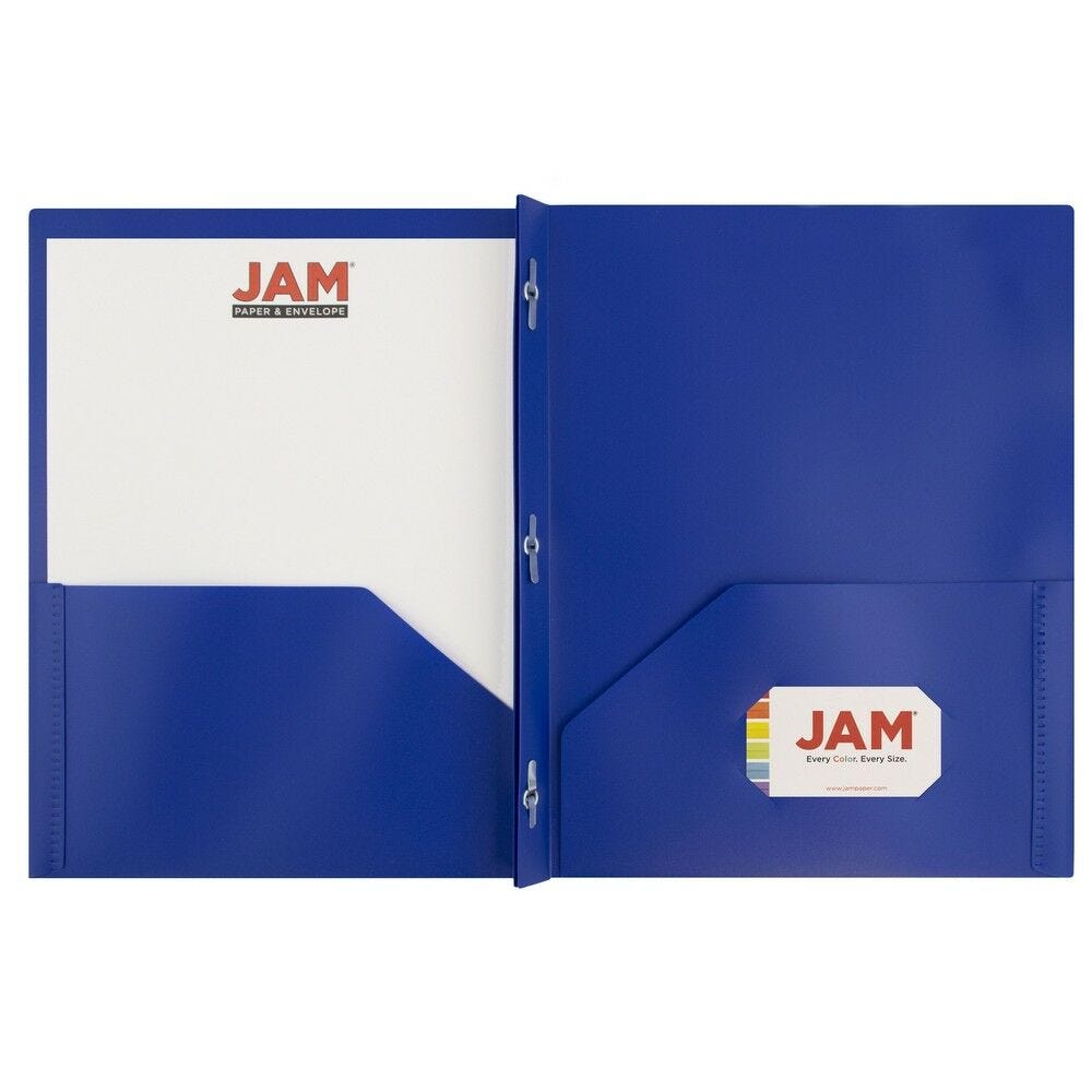 JAM Paper Plastic 2 Pocket POP Folders with Prongs Fastener Clasps, Dark Blue, Bulk 48/Pack