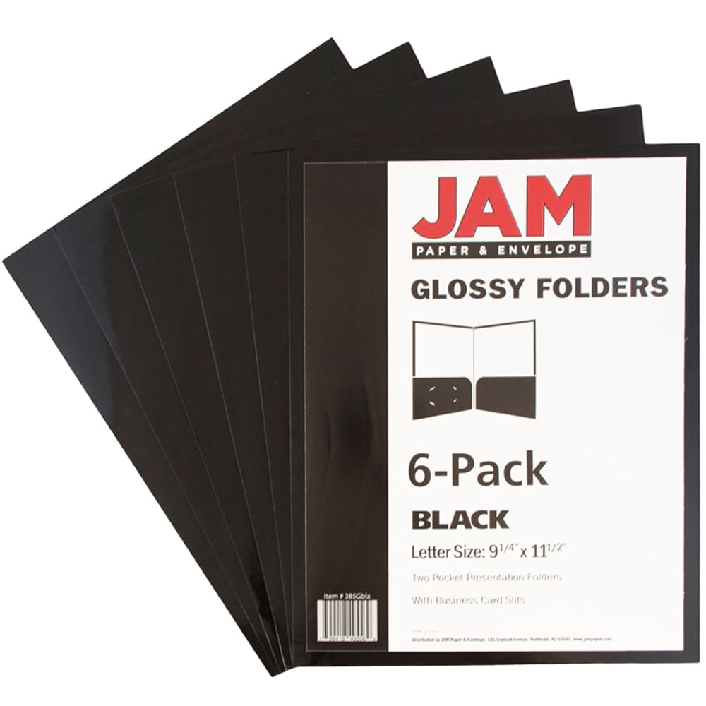 JAM Paper Glossy Two Pocket Folders, Black, 6 per Pack
