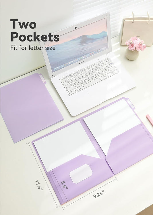 MetalM Plastic Folders with Pockets, 6 Pack Purple Folders for School, Unique 1/3 Cut Tabs with Colorful Labels, Letter Size
