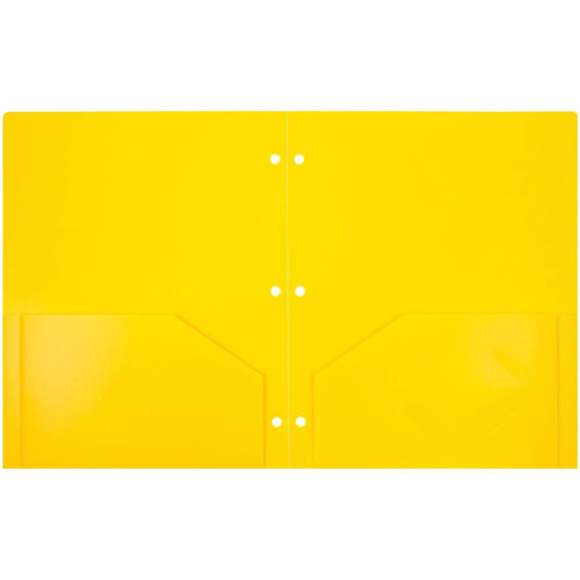 JAM Paper Heavy Duty Plastic 3 Hole Punch Pocket Folders, Extra Tough, Yellow, Bulk 48/Pack