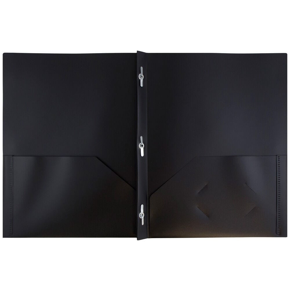 JAM Paper Plastic 2 Pocket POP Folders with Prongs Fastener Clasps, Black, Bulk 48/Pack