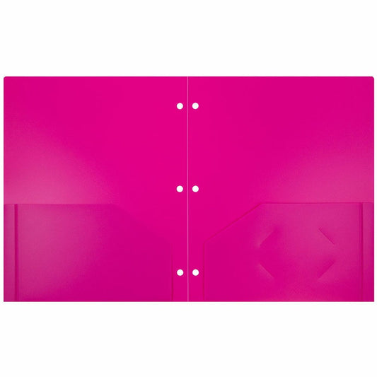 JAM Paper Heavy Duty Plastic 3 Hole Punch Pocket Folders, Extra Tough, Fuchsia Hot Pink, Bulk 144/Box