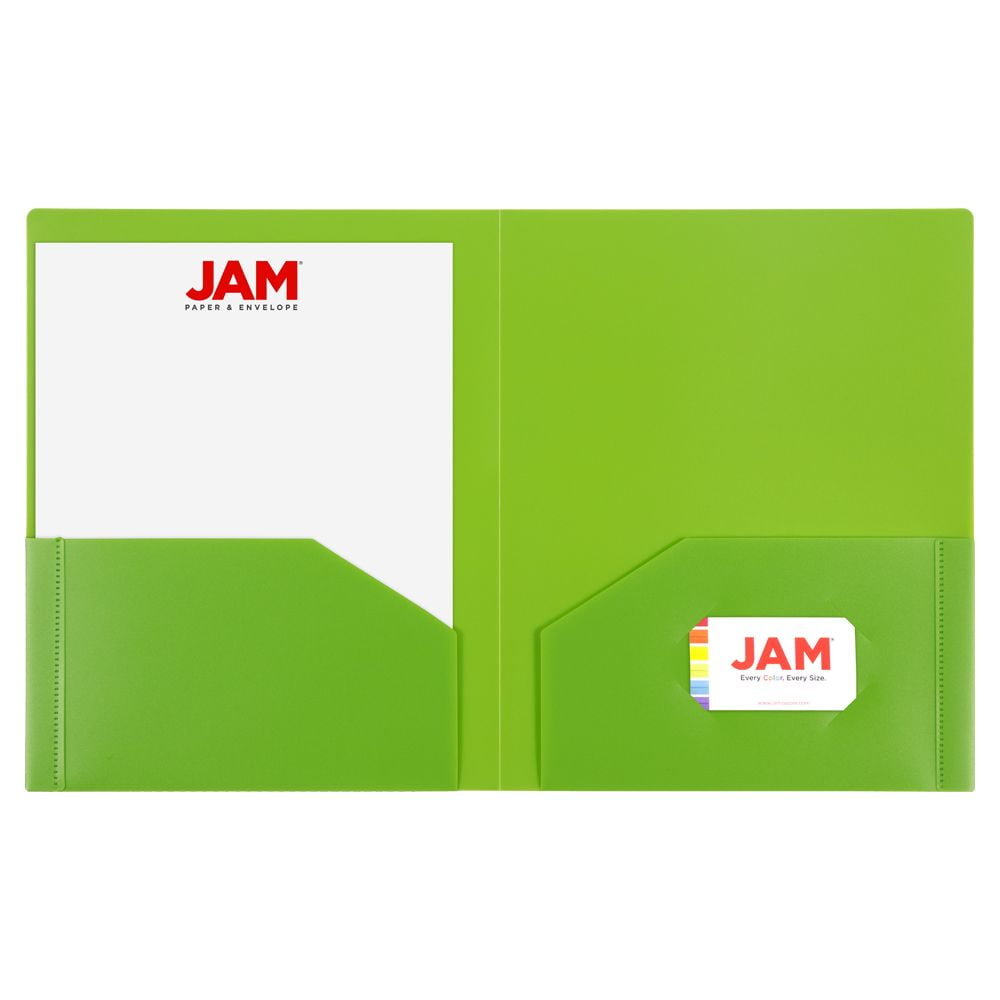 JAM Paper Heavy Duty Plastic Two Pocket Presentation Folders, Lime Green, 108/pack
