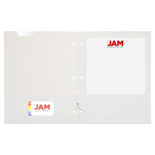 JAM Paper Laminated Two Pocket Glossy 3 Hole Punch School Folders, White, 3/Pack