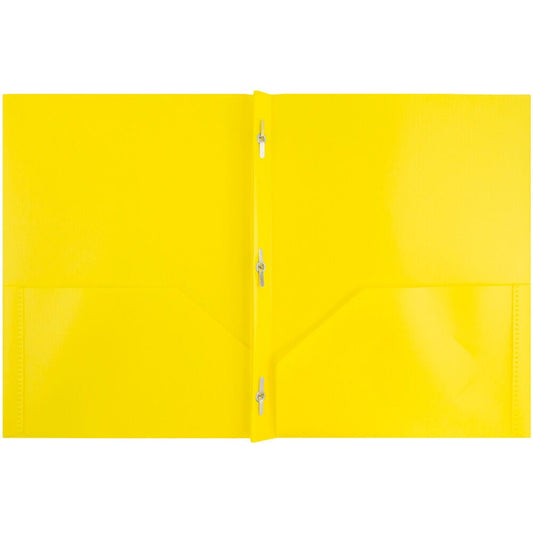JAM Paper Plastic 2 Pocket POP Folders with Prongs Fastener Clasps, Yellow, Bulk 48/Pack
