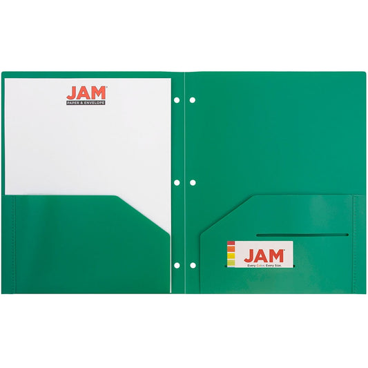 JAM Paper Heavy Duty Plastic 3 Hole Folders with Pockets, Green, 6 per Pack