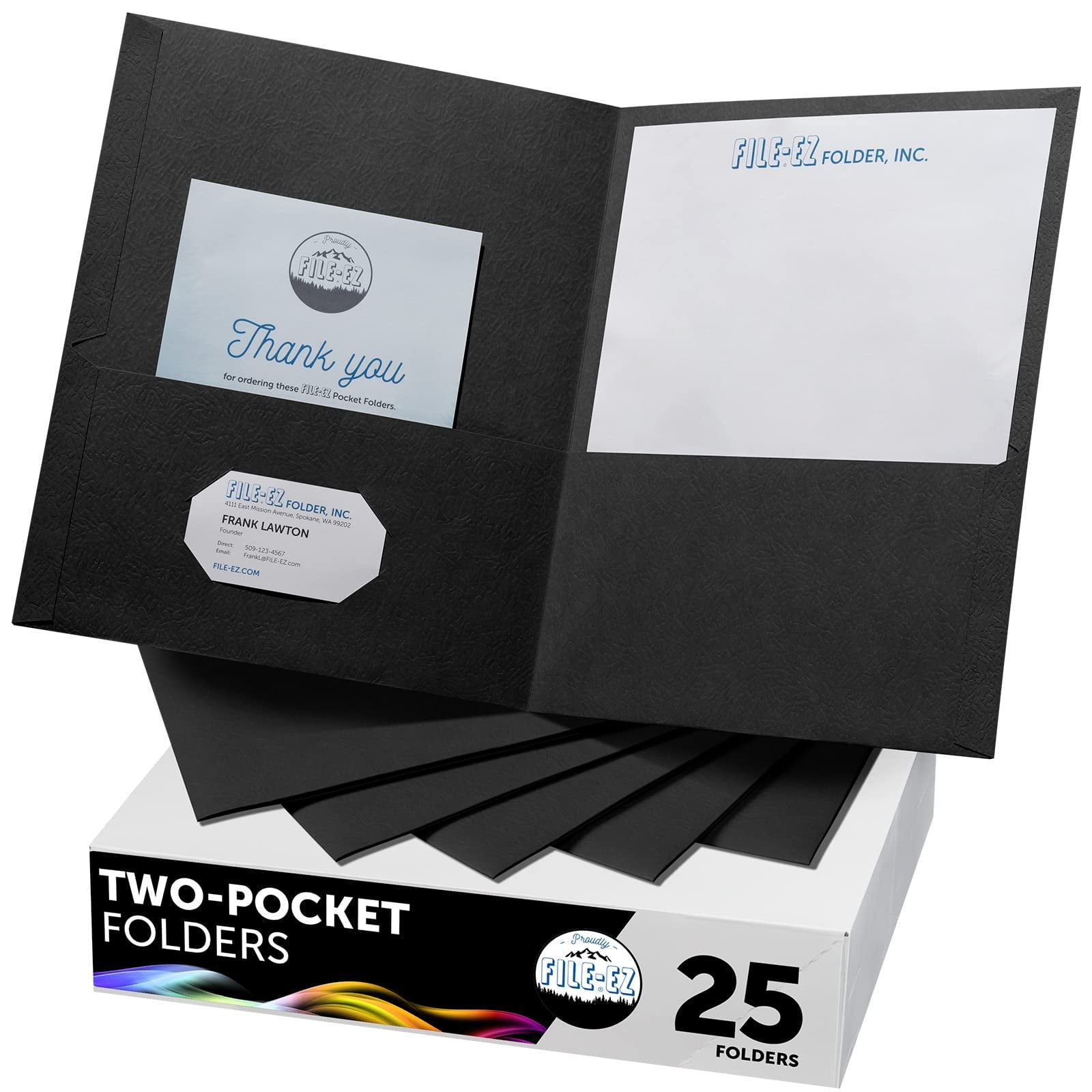 FILE-EZ Two-Pocket Folders, Black, 25-Pack, Textured Paper, Letter Size (EZ-52505), Made in USA
