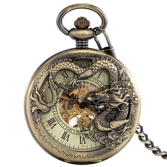 Bronze Hollow Dragon Half Hunter Mechanical Pocket Watch
