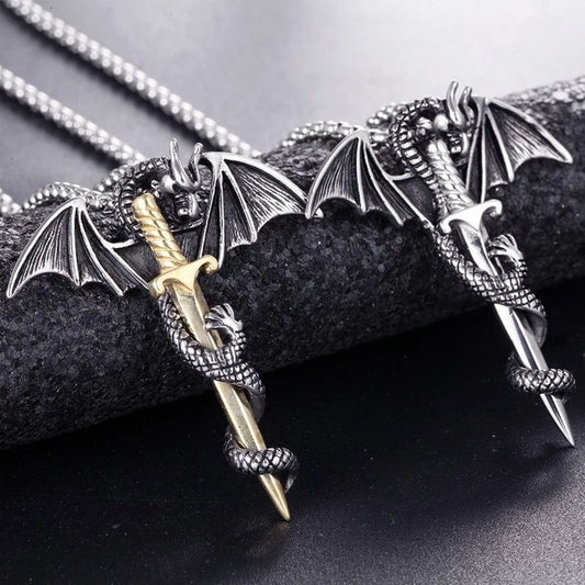 Retro Viking Pterodactyl Holy Sword Pendant Necklace – Men’s Metal Sliding Dragon AccessoryRetro Viking Pterodactyl Holy Sword Pendant Necklace – Men’s Metal Sliding Dragon Accessory