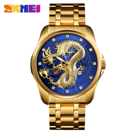 SKMEI Luxury Men’s Golden Dragon Quartz Watch – Waterproof Stainless Steel Strap with Date Display