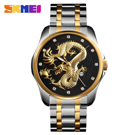 SKMEI Luxury Men’s Golden Dragon Quartz Watch – Waterproof Stainless Steel Strap with Date Display
