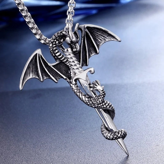 Retro Viking Pterodactyl Holy Sword Pendant Necklace – Men’s Metal Sliding Dragon AccessoryRetro Viking Pterodactyl Holy Sword Pendant Necklace – Men’s Metal Sliding Dragon Accessory