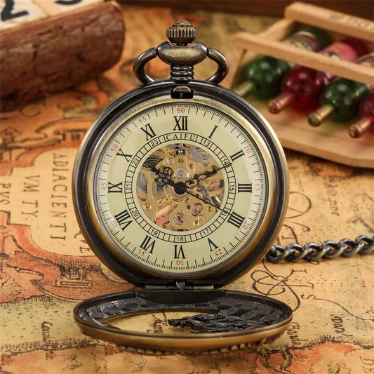 Bronze Hollow Dragon Half Hunter Mechanical Pocket Watch
