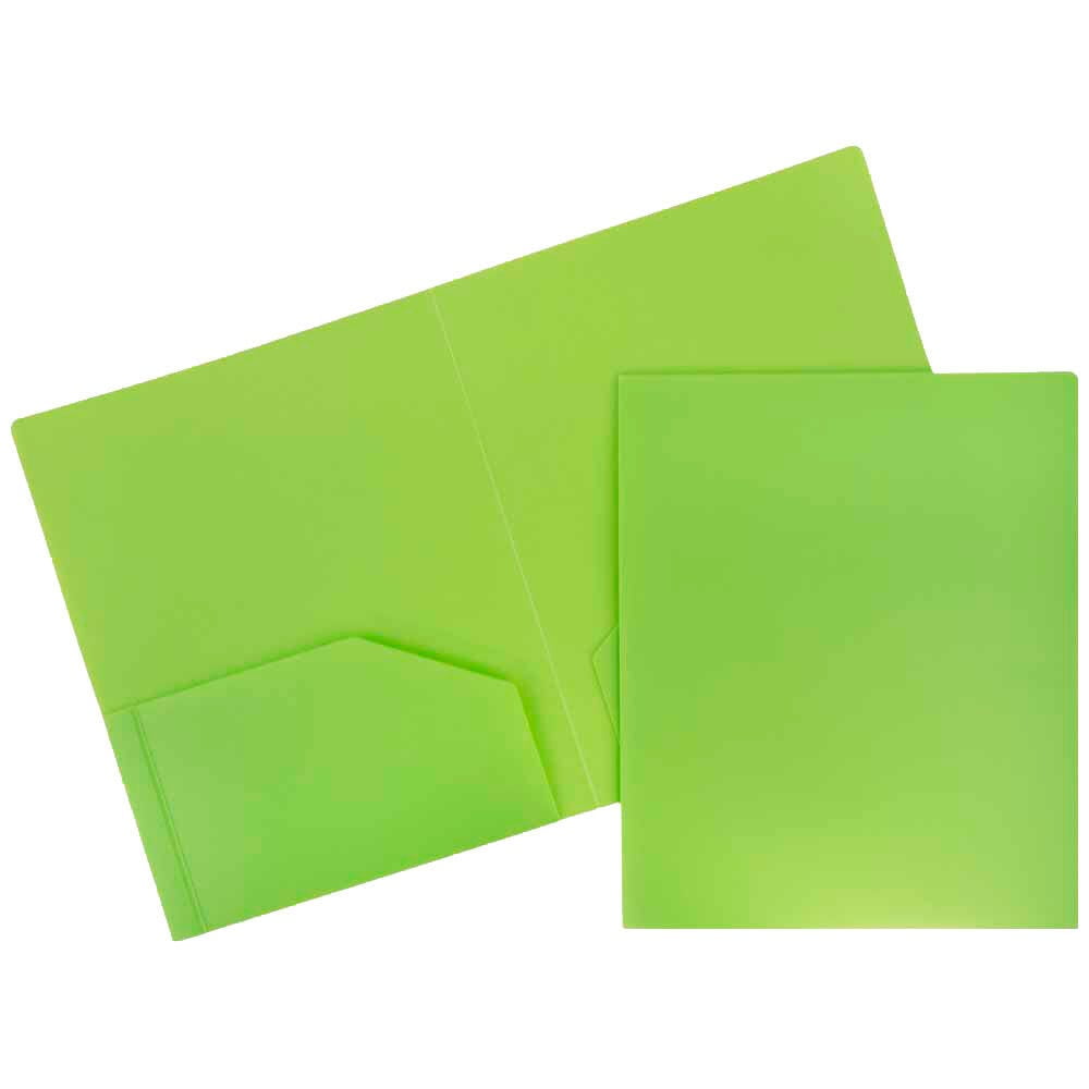 JAM Paper Heavy Duty Plastic 2 Pocket School Folders, Lime Green, 3/Pack