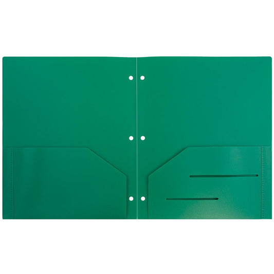JAM Paper Heavy Duty Plastic 3 Hole Folders with Pockets, Green, 6 per Pack