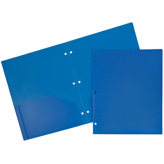 JAM Paper Heavy Duty Plastic 3 Hole Punch School Folders with Pockets, Blue, 6/Pack
