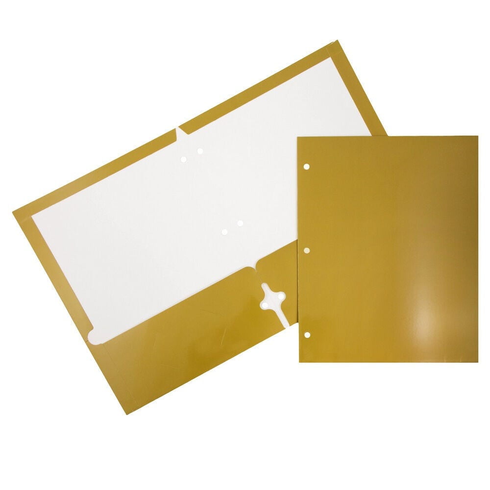 JAM Paper Laminated Two Pocket Glossy 3 Hole Punch School Folders, Gold, 3/Pack