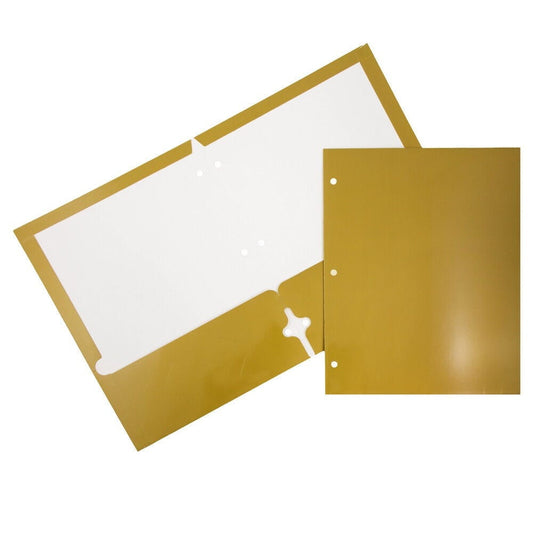 JAM Paper Laminated Two Pocket Glossy 3 Hole Punch School Folders, Gold, 3/Pack