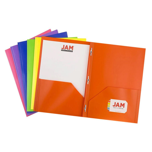 JAM Paper Plastic 2 Pocket POP Folders with Prongs Fastener Clasps, Assorted Primary Colors, Bulk 96/Box