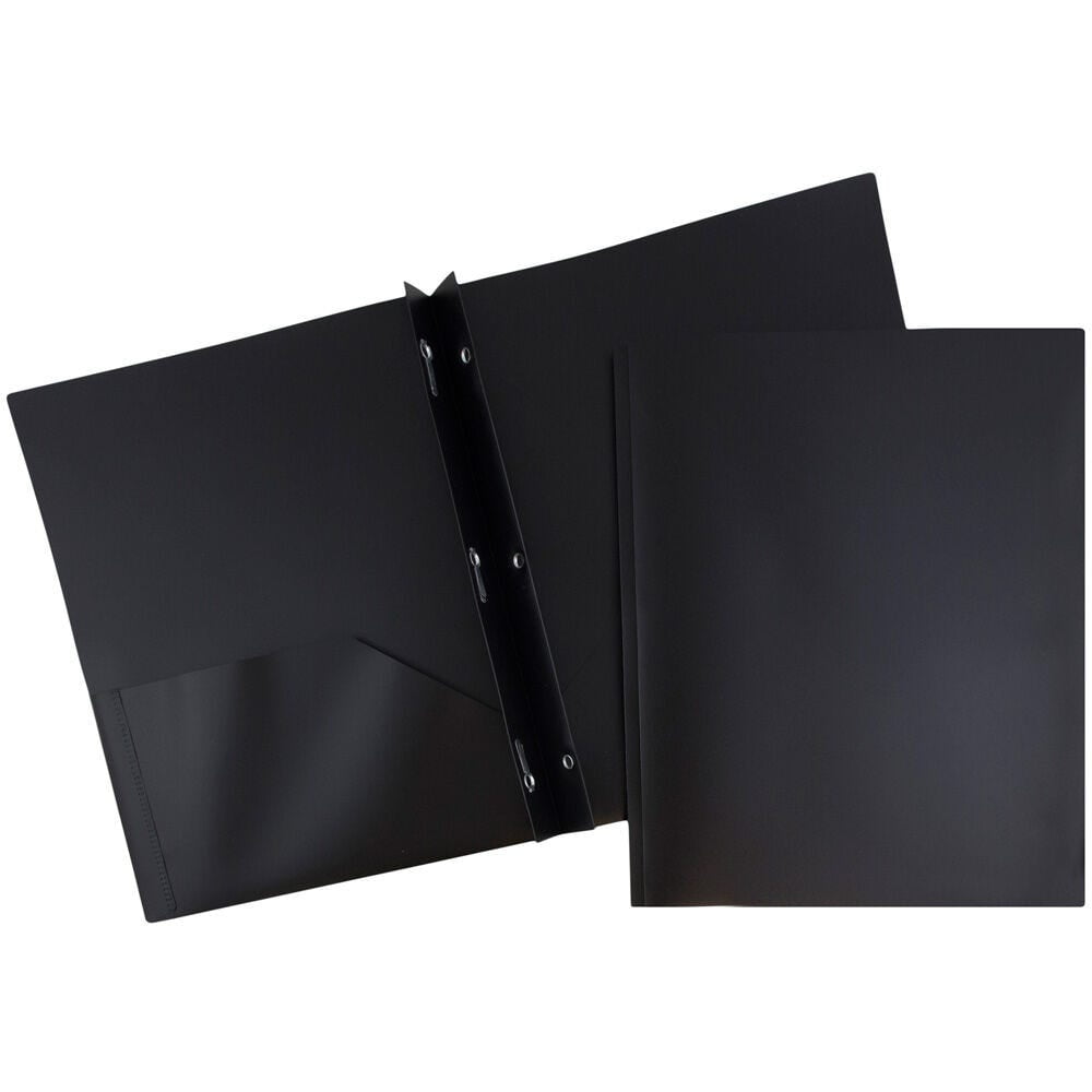 JAM Paper Plastic 2 Pocket POP Folders with Prongs Fastener Clasps, Black, Bulk 48/Pack