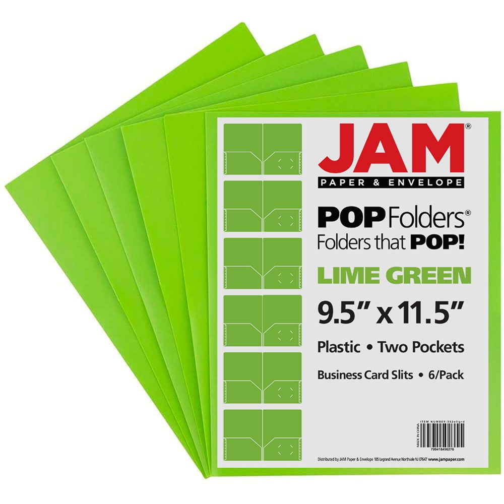 JAM Paper Plastic 2 Pocket School POP Folders, Lime Green, 6 per Pack